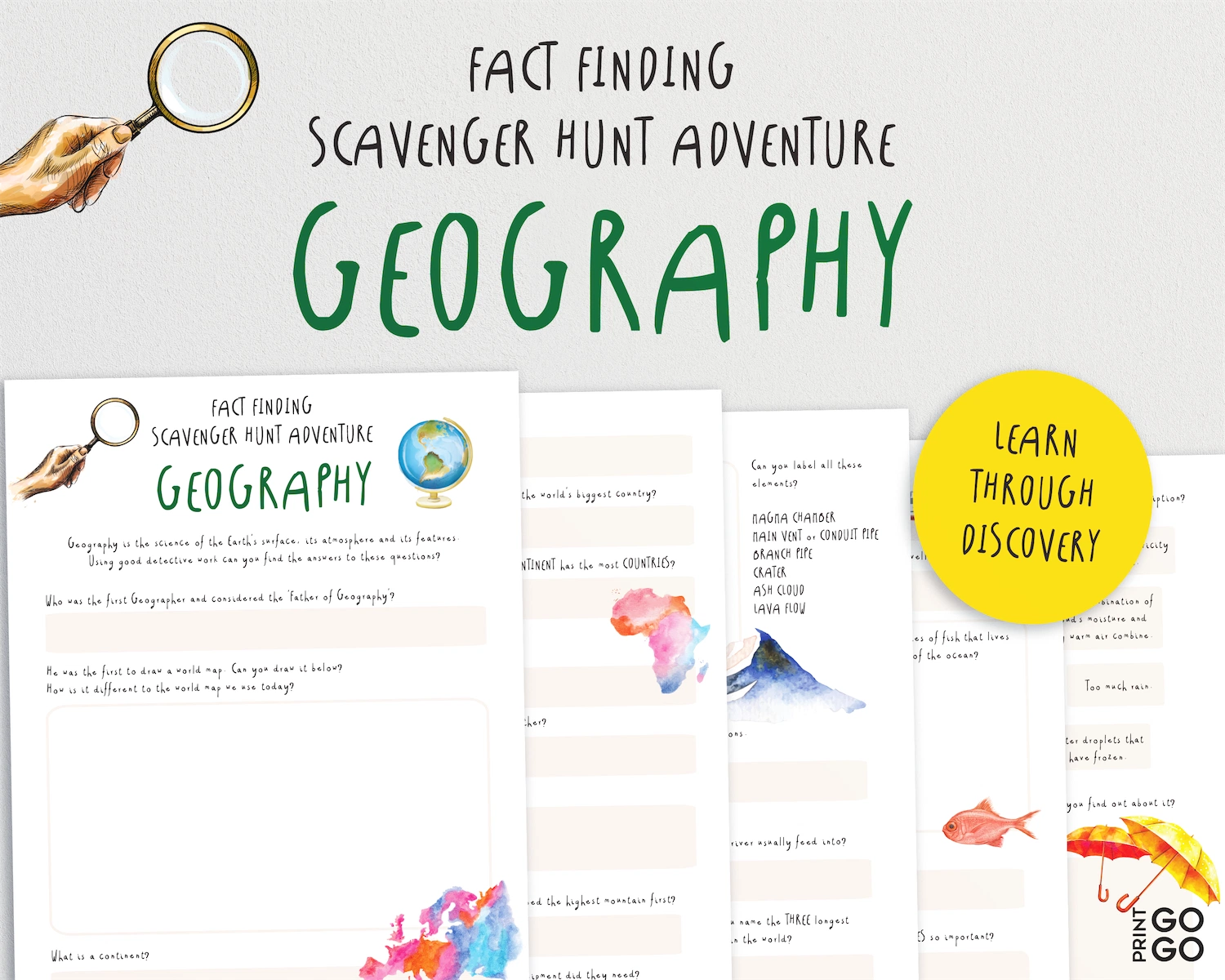 Geography scavenger hunt adventure book with colorful illustrations and text on a white background.