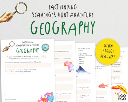 Geography scavenger hunt adventure book with colorful illustrations and text on a white background.