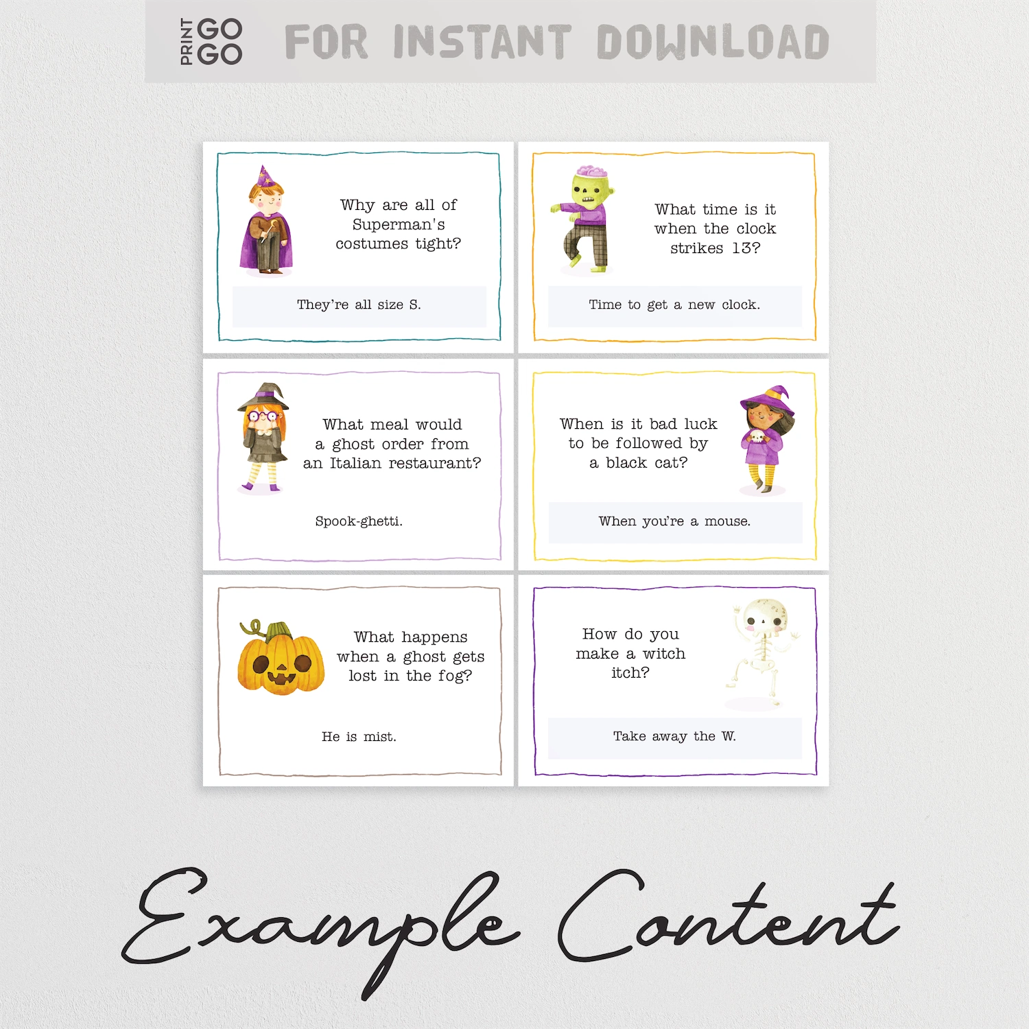 Set of Halloween-themed joke cards with cartoon characters and humorous questions on a light gray background.