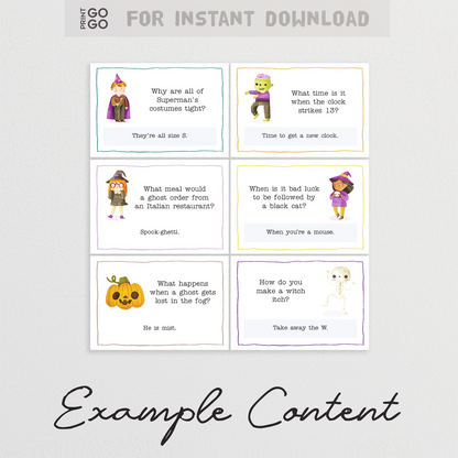 Set of Halloween-themed joke cards with cartoon characters and humorous questions on a light gray background.