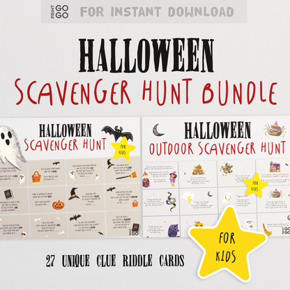 Halloween Scavenger Hunt Bundle for Kids | 27 Spooky Riddle Clue Cards for Use Indoors and Outside | Fun Trick-or-Treat Alternative Ideas