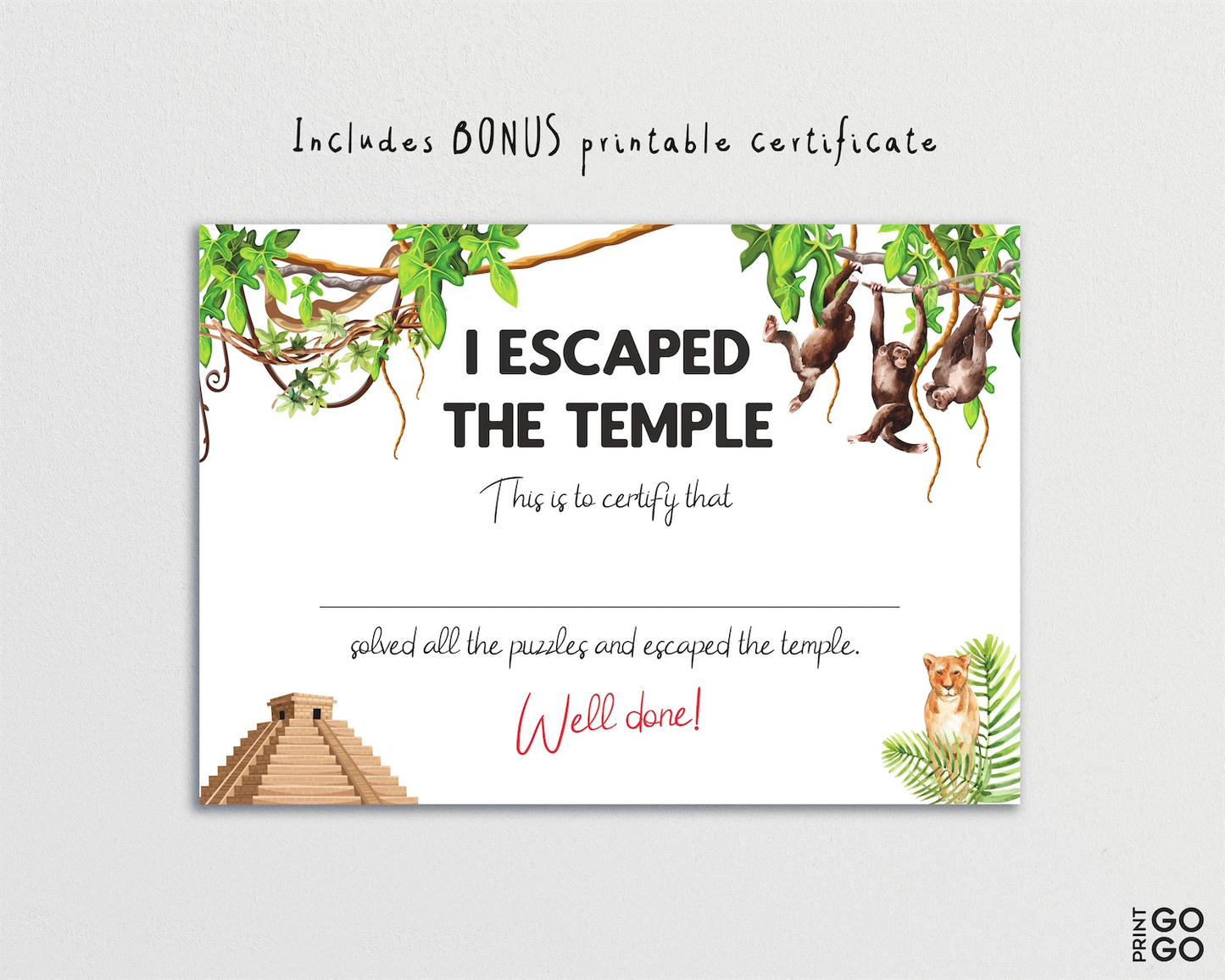 Certificate for escaping a temple with jungle-themed design on a white background