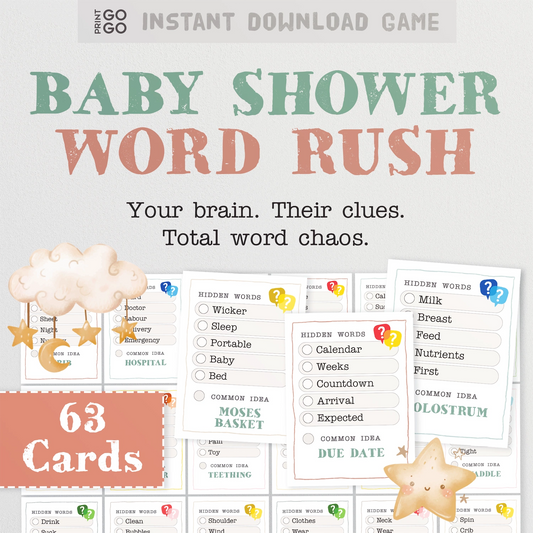 Printable baby shower word game for groups. 63 cards included.