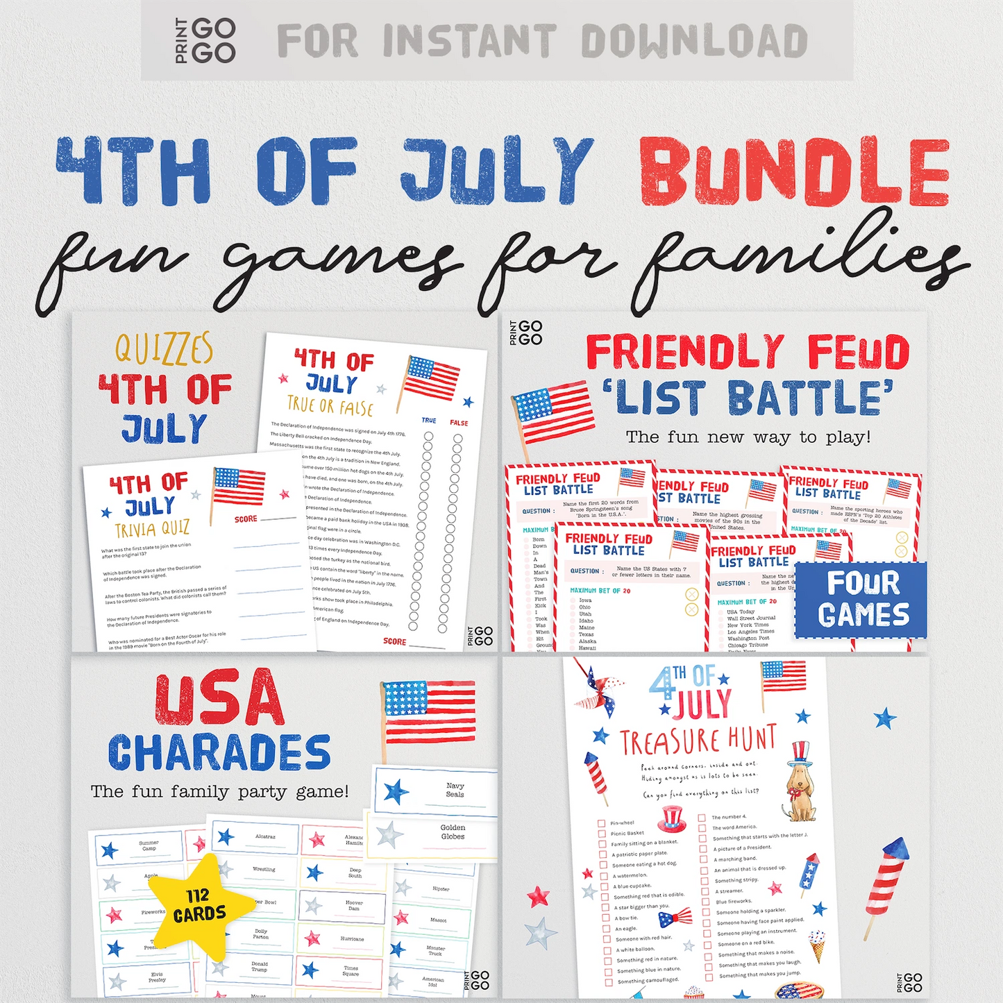 Collection of 4th of July games for families with text overlay on a white background.
