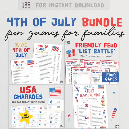 Collection of 4th of July games for families with text overlay on a white background.