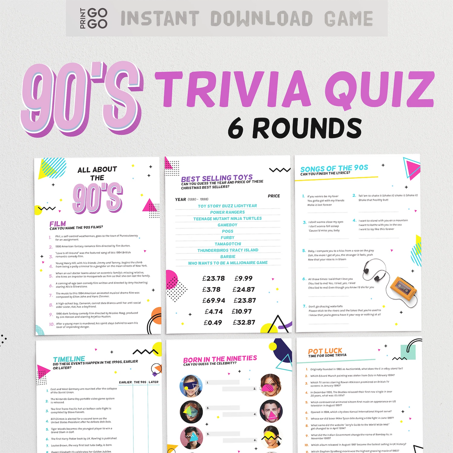 90s Trivia Quiz with multiple rounds on a white background