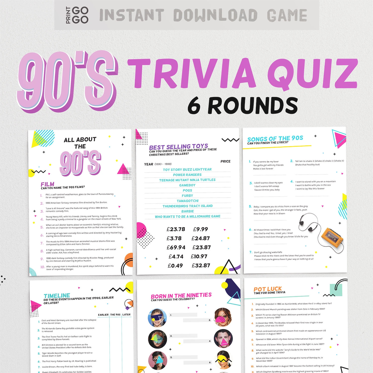 90s Trivia Quiz with multiple rounds on a white background