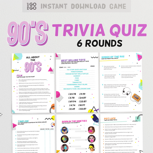 90s Trivia Quiz with multiple rounds on a white background