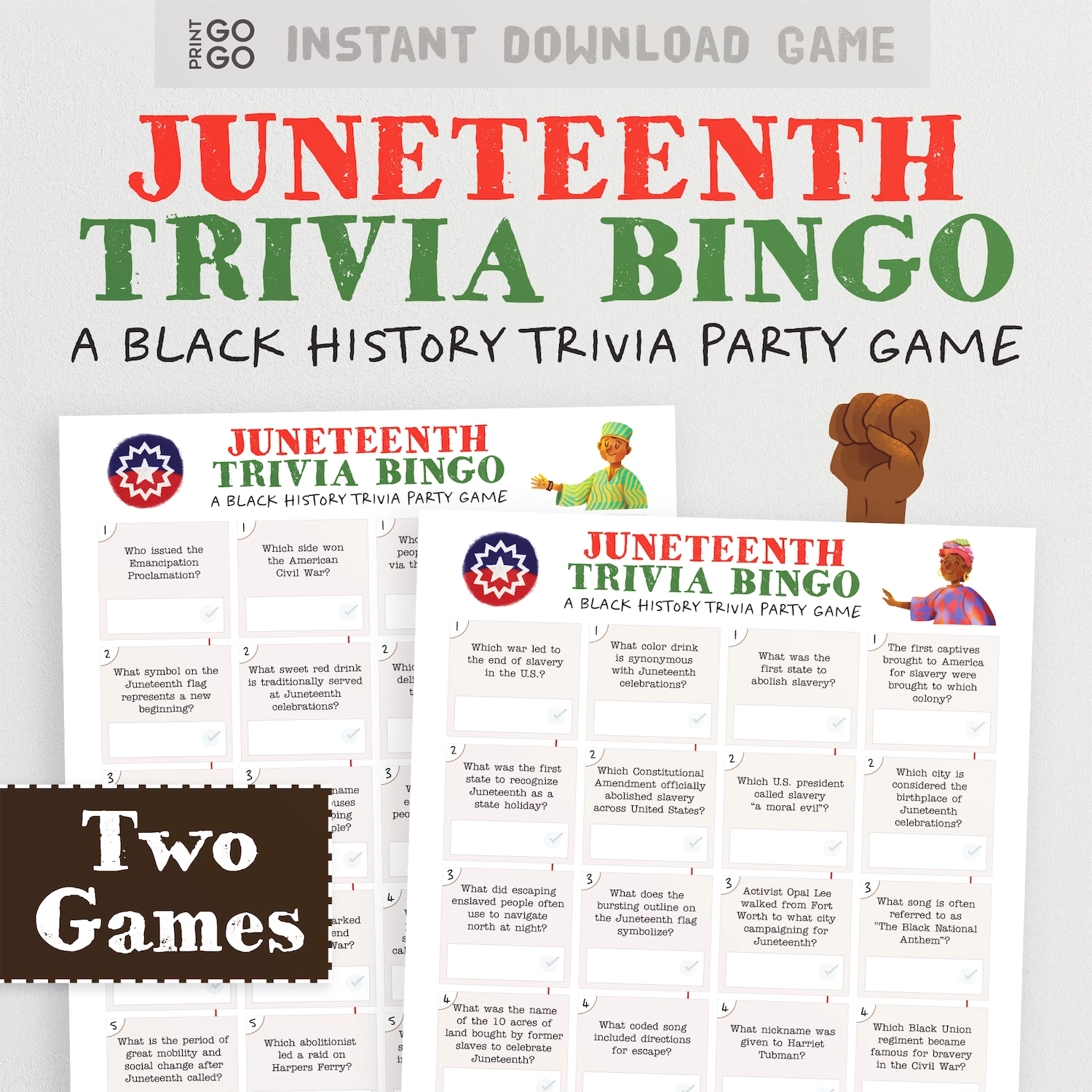 Printable Juneteenth Trivia Bingo party game for groups. 