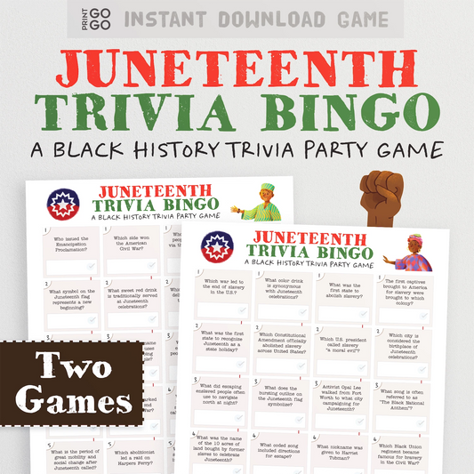 Printable Juneteenth Trivia Bingo party game for groups. 