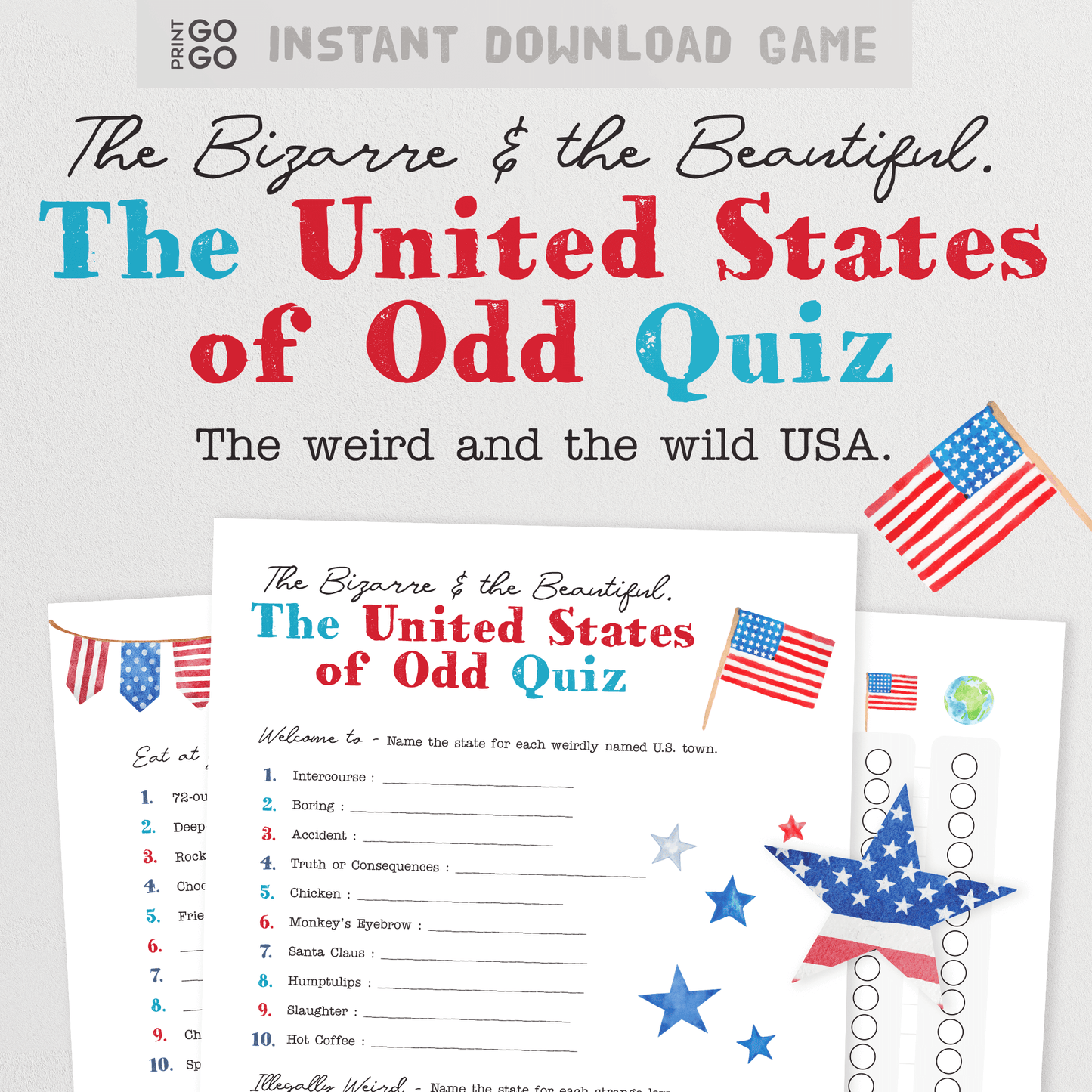 Printable United States of Odd Trivia Quiz with American flags on a white background;
