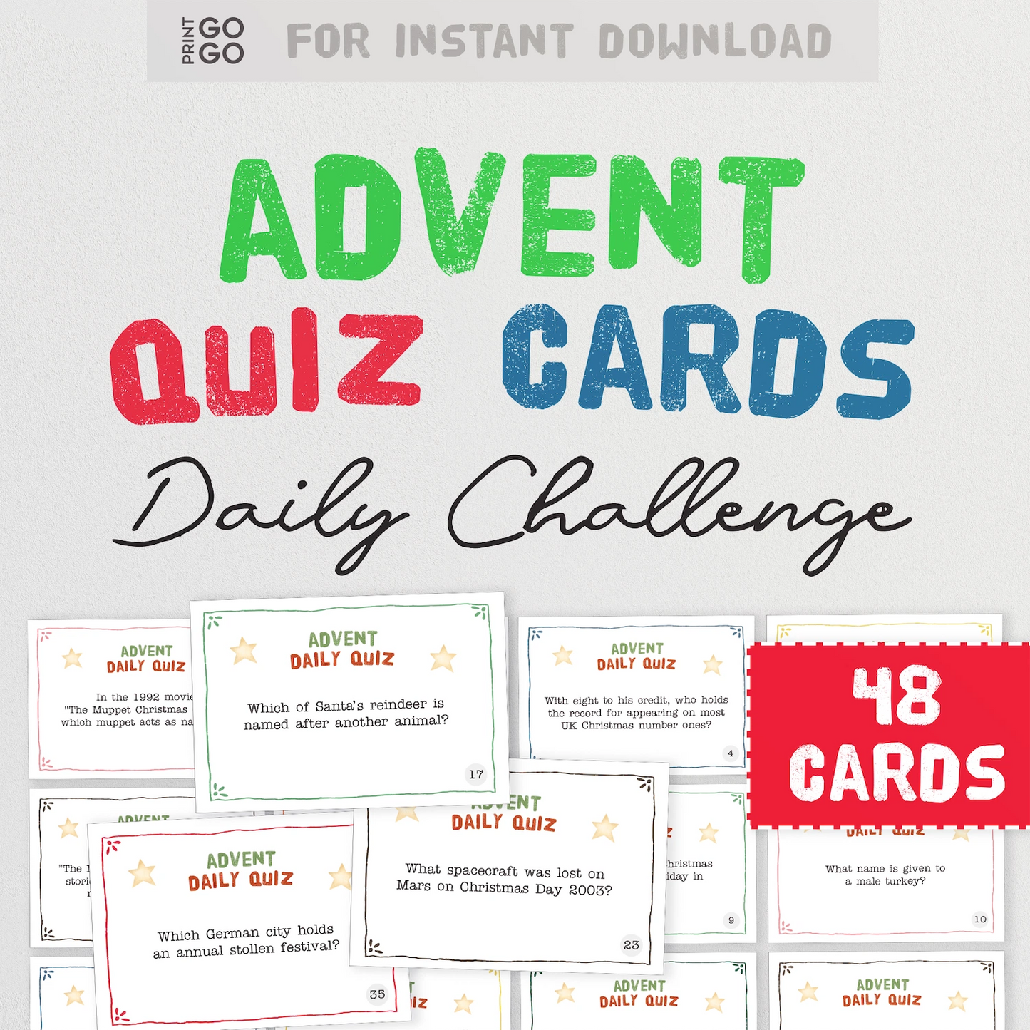 Advent Quiz Cards with daily challenge text and 48 cards count on a light gray background.