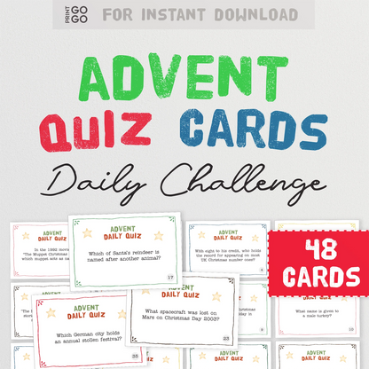 Advent Quiz Cards with daily challenge text and 48 cards count on a light gray background.