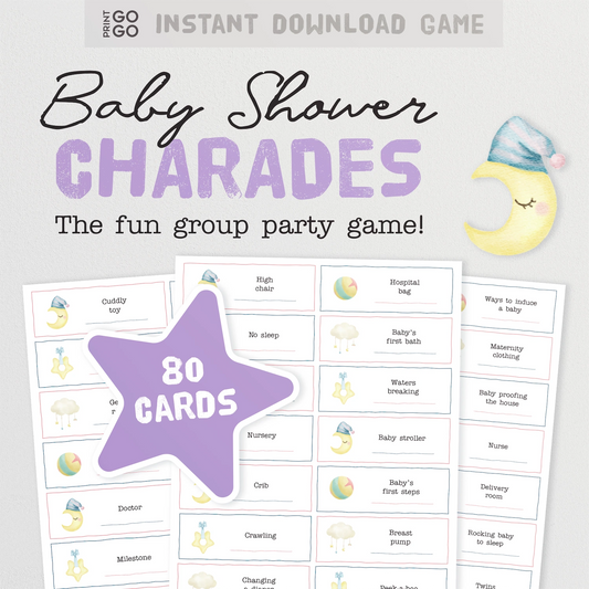 Printable baby shower charades party game featuring 80 cards.