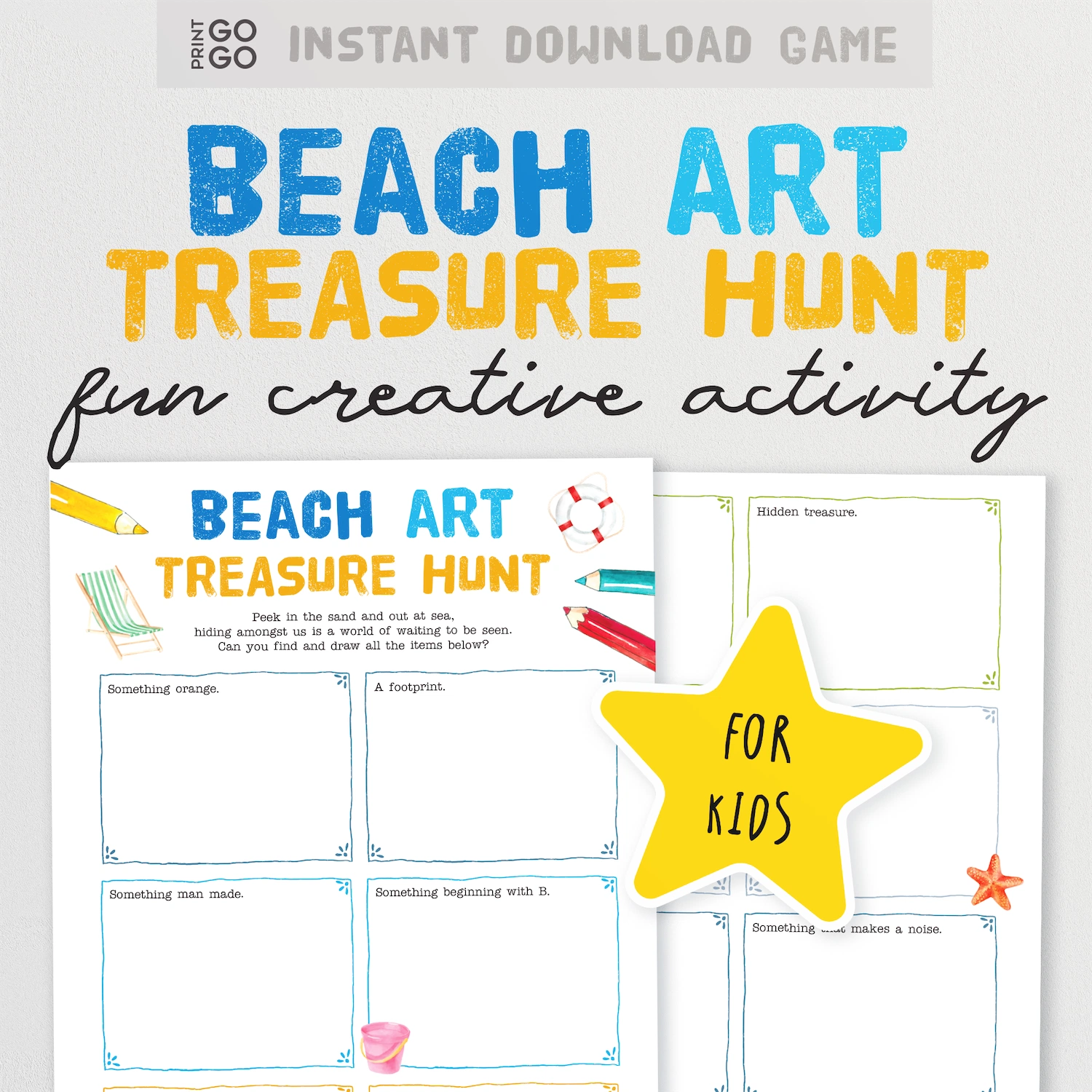 Beach Art Treasure Hunt game for kids with printable sheets and a yellow star graphic.