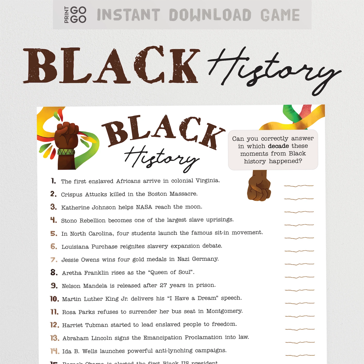 Printable Black History trivia game with questions and answers on a white background