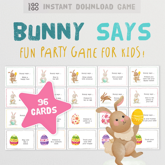 Bunny Says party game for kids with 96 cards on a gray background