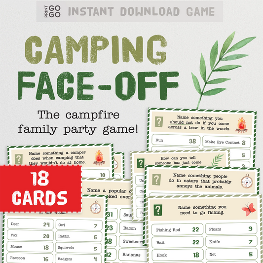 Printable campfire party game, Camping Face-Off content.
