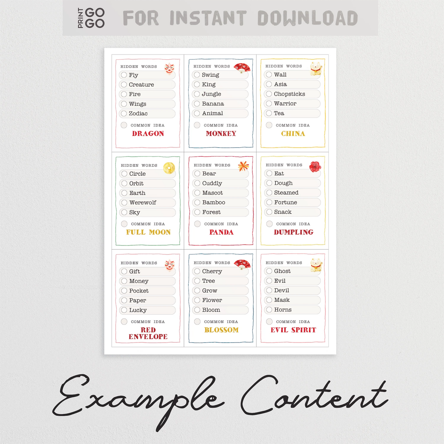 Example cards for Chinese new year word team game.