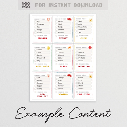 Example cards for Chinese new year word team game.