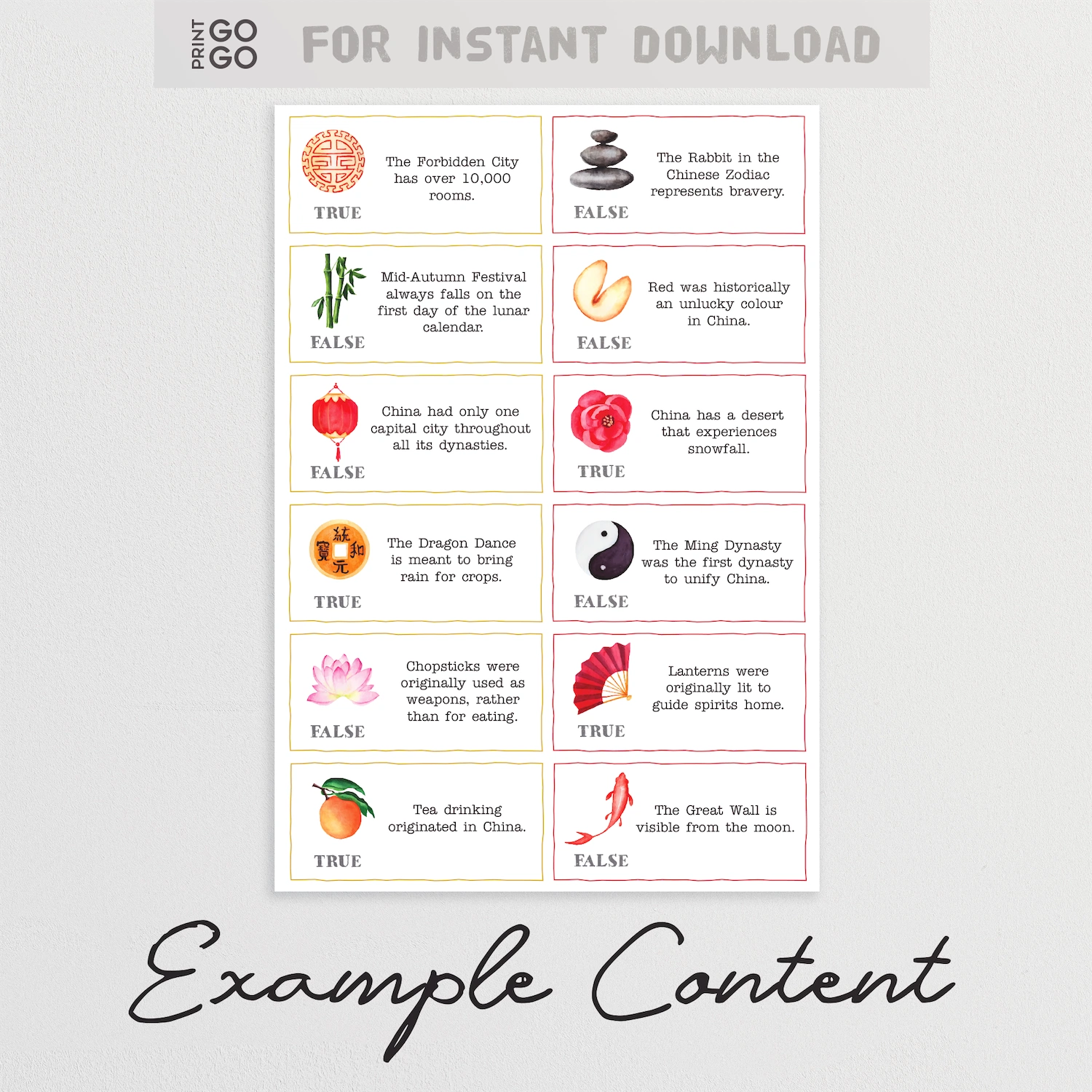 Sheet of trivia cards with colorful icons and text on a light gray background