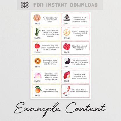 Sheet of trivia cards with colorful icons and text on a light gray background