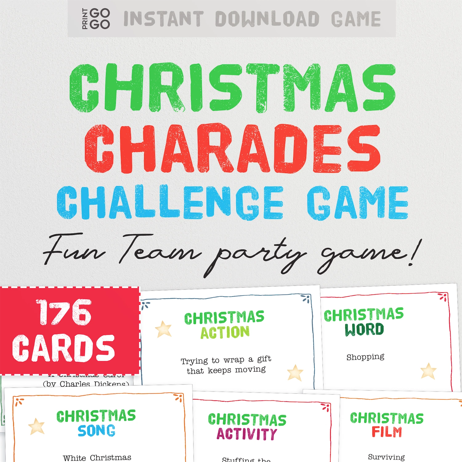 Printable Christmas Charades Challenge party game for families and groups. 176 cards across 7 holiday themed categories.