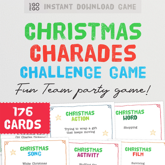 Printable Christmas Charades Challenge party game for families and groups. 176 cards across 7 holiday themed categories.