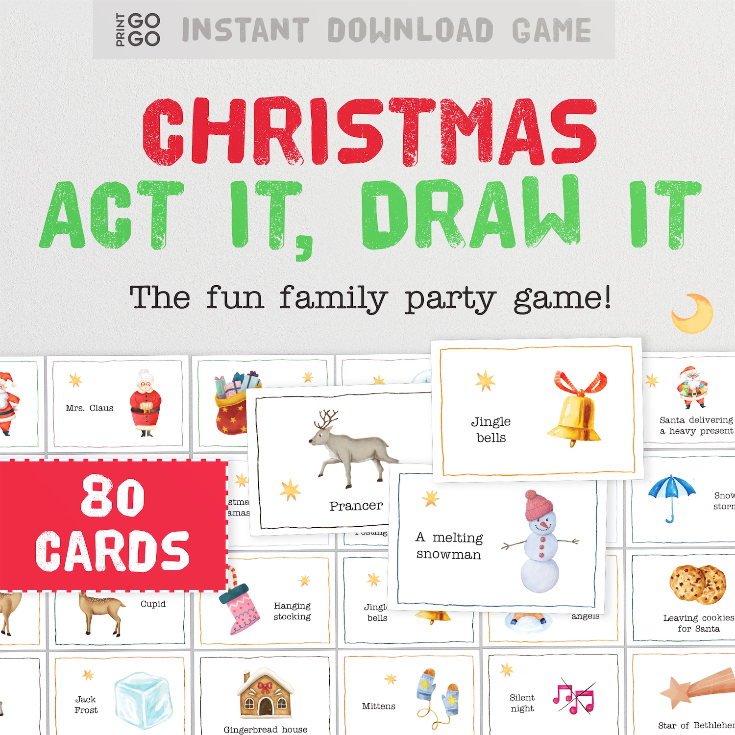 Printable Christmas family party gamel illustrated cards reveal words that have either to be drawn or acted out to the group.