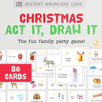 Printable Christmas family party gamel illustrated cards reveal words that have either to be drawn or acted out to the group.
