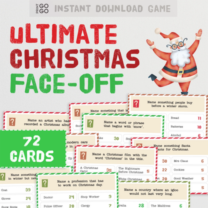 Christmas-themed game with Santa Claus and question cards on a white background