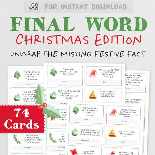 Printable Christmas trivia game of filling in missing words.