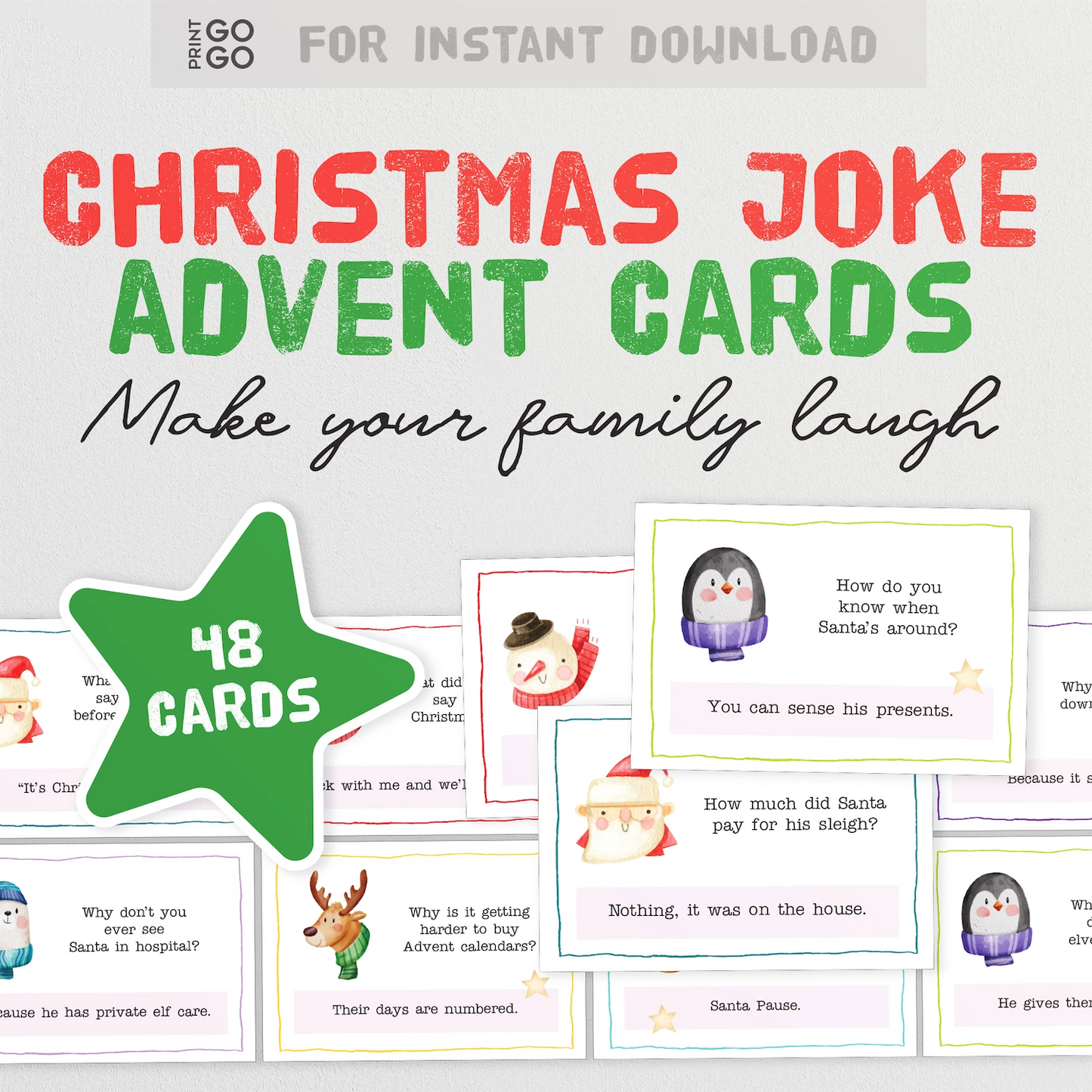 Printable Christmas joke advent cards for families.