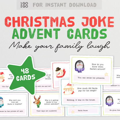 Printable Christmas joke advent cards for families.