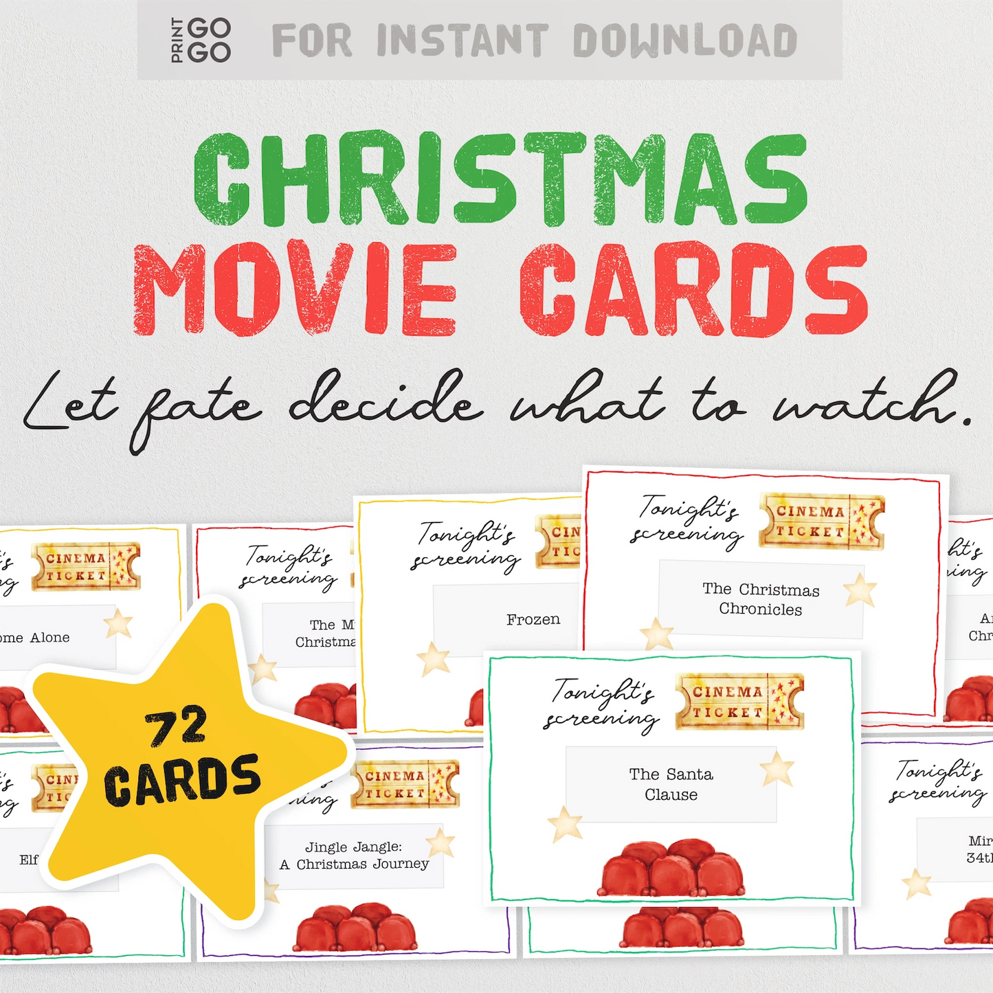 Instant download Christmas movie cards. 72 film title to let fate decide what to watch. 