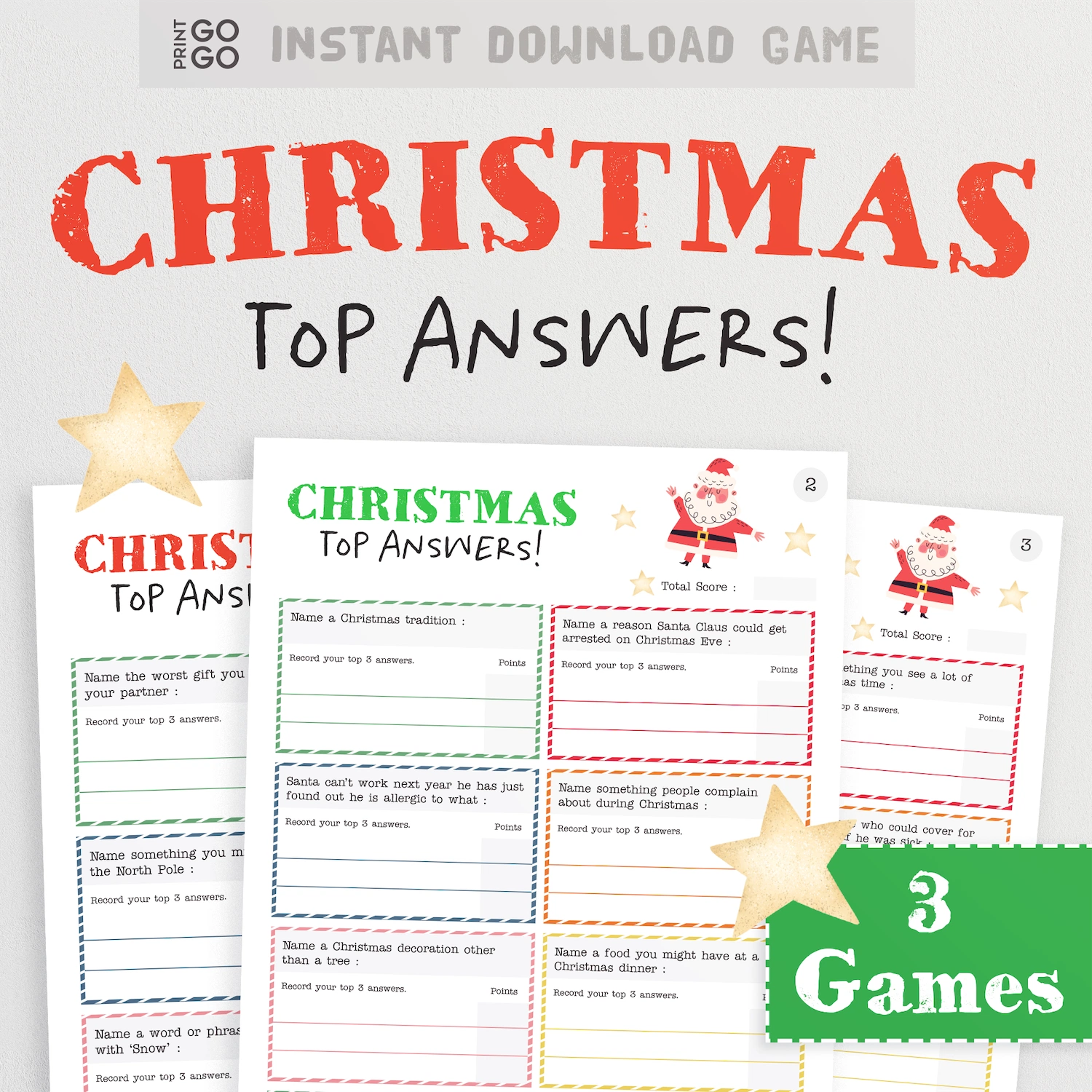 Printable Christmas family survey style party game called 'Top Answers'.