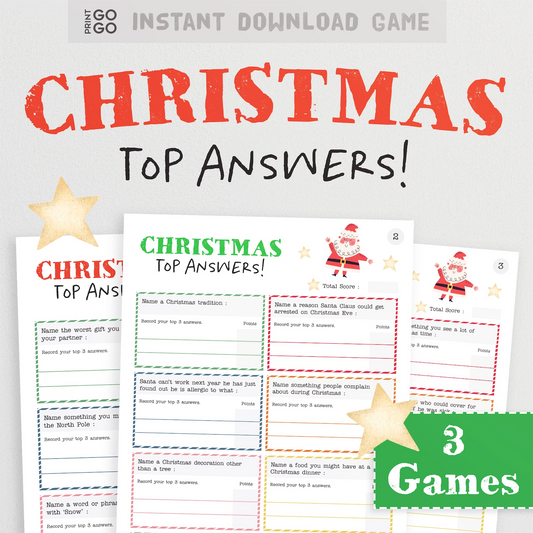 Printable Christmas family survey style party game called 'Top Answers'.
