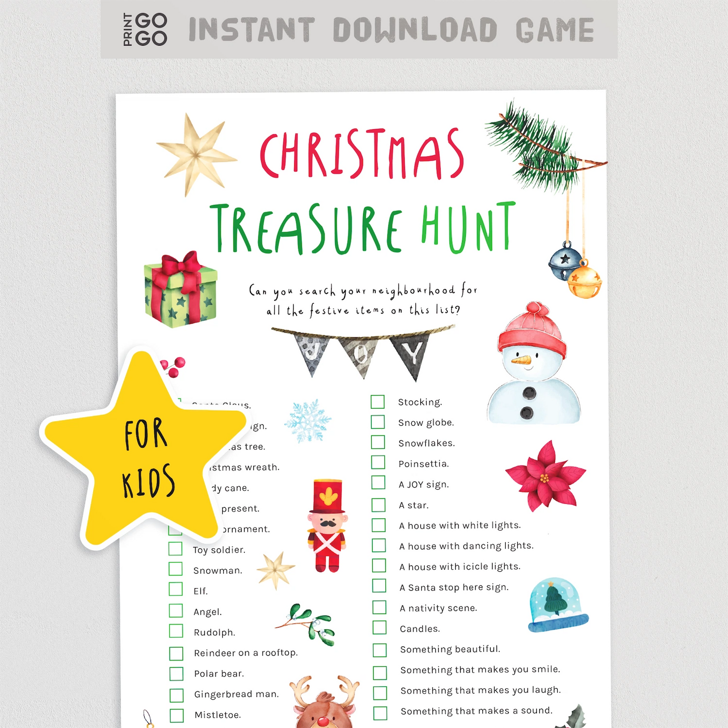 Christmas treasure hunt game sheet for kids with festive illustrations on a white background.