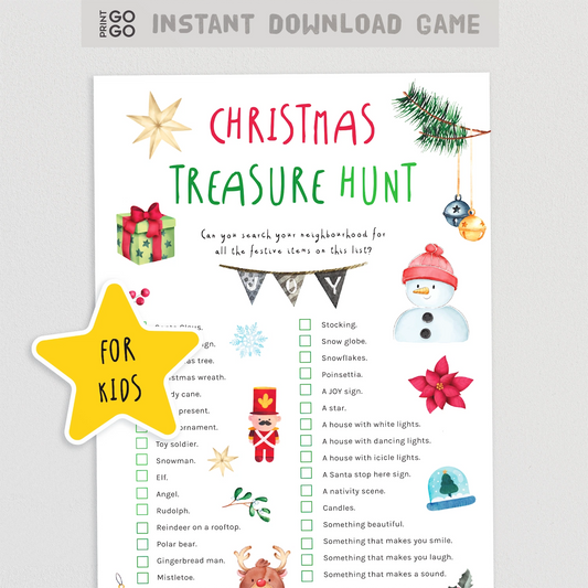 Christmas treasure hunt game sheet for kids with festive illustrations on a white background.