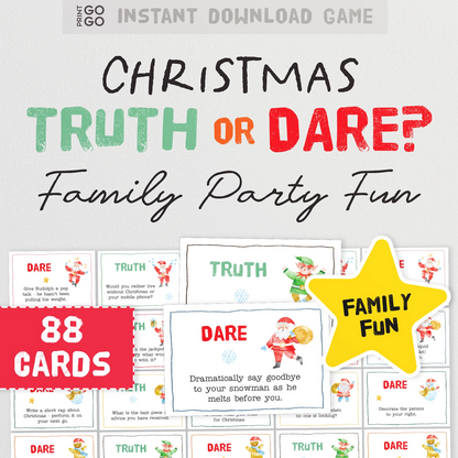 Printable Christmas truth or dare family party game. Hilarious prompts on white cards with illustrated images.
