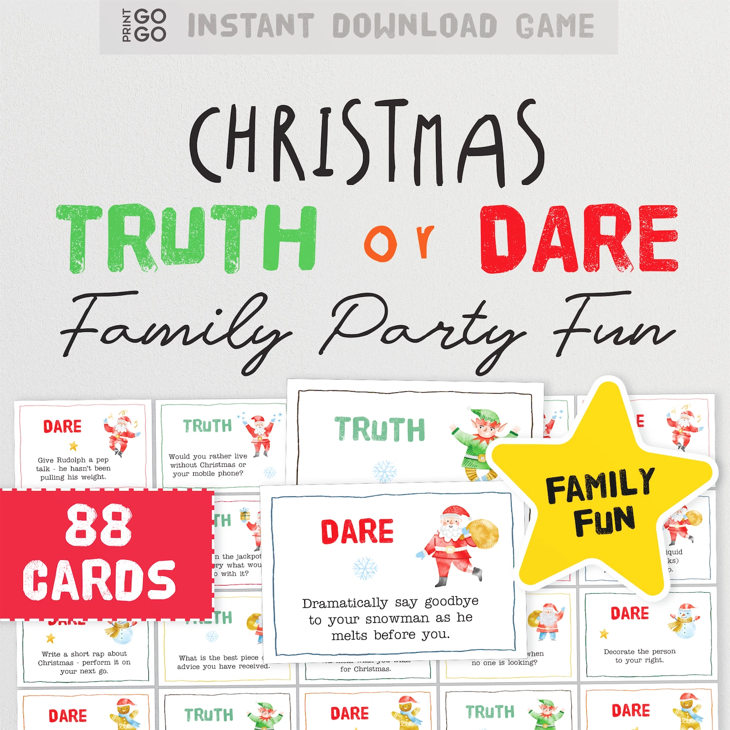 Printable Christmas truth or dare family party game. Hilarious prompts on white cards with illustrated images.