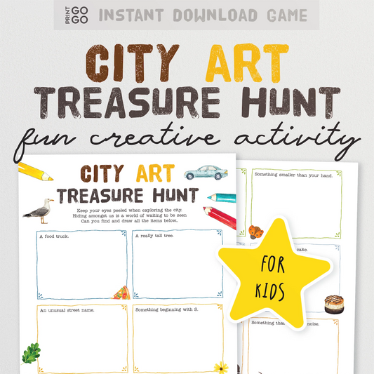 Instant download City Art Treasure Hunt activity sheet for kids with a yellow star and text on a white background.