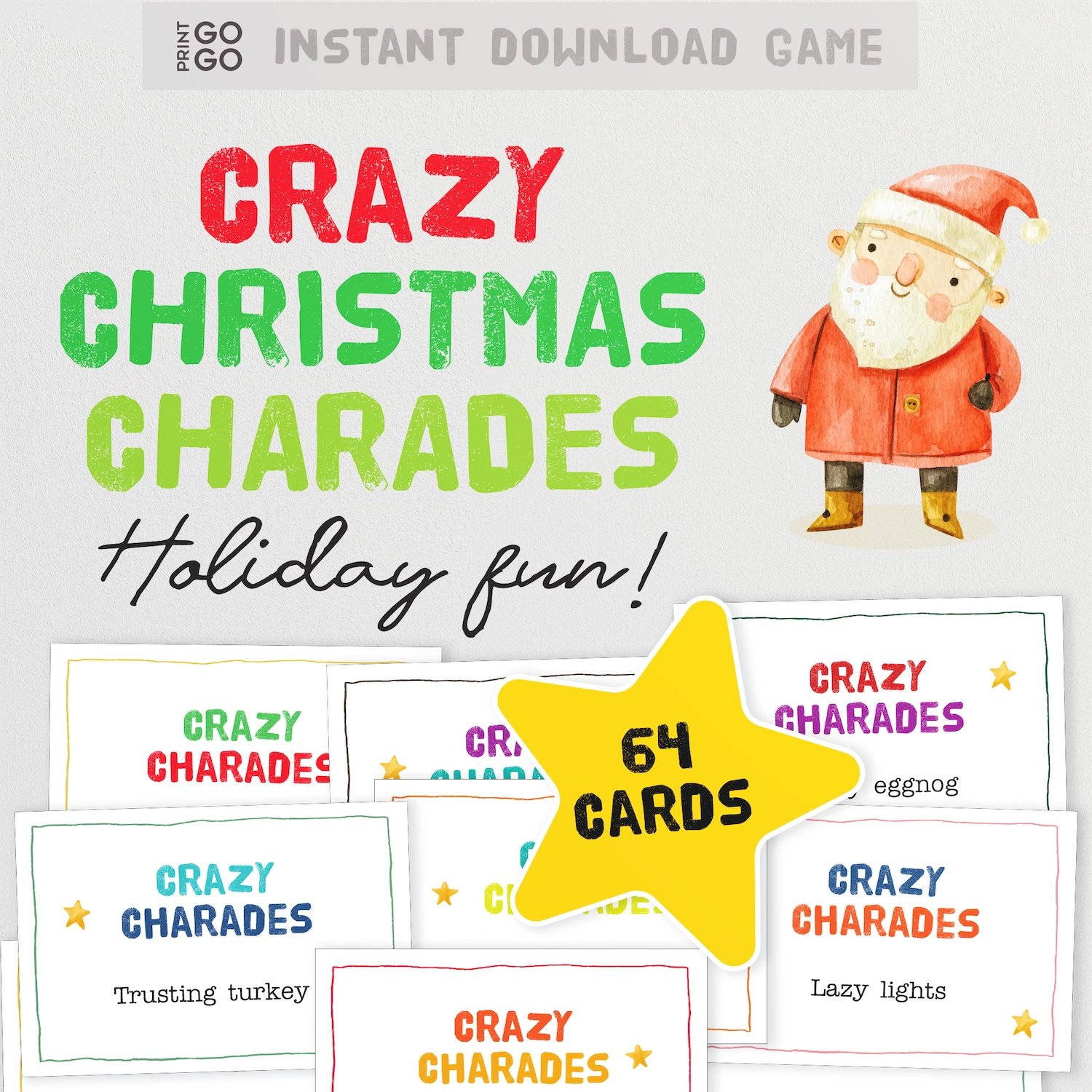 Cover of 'Crazy Christmas Charades' game with Santa Claus illustration and card samples.