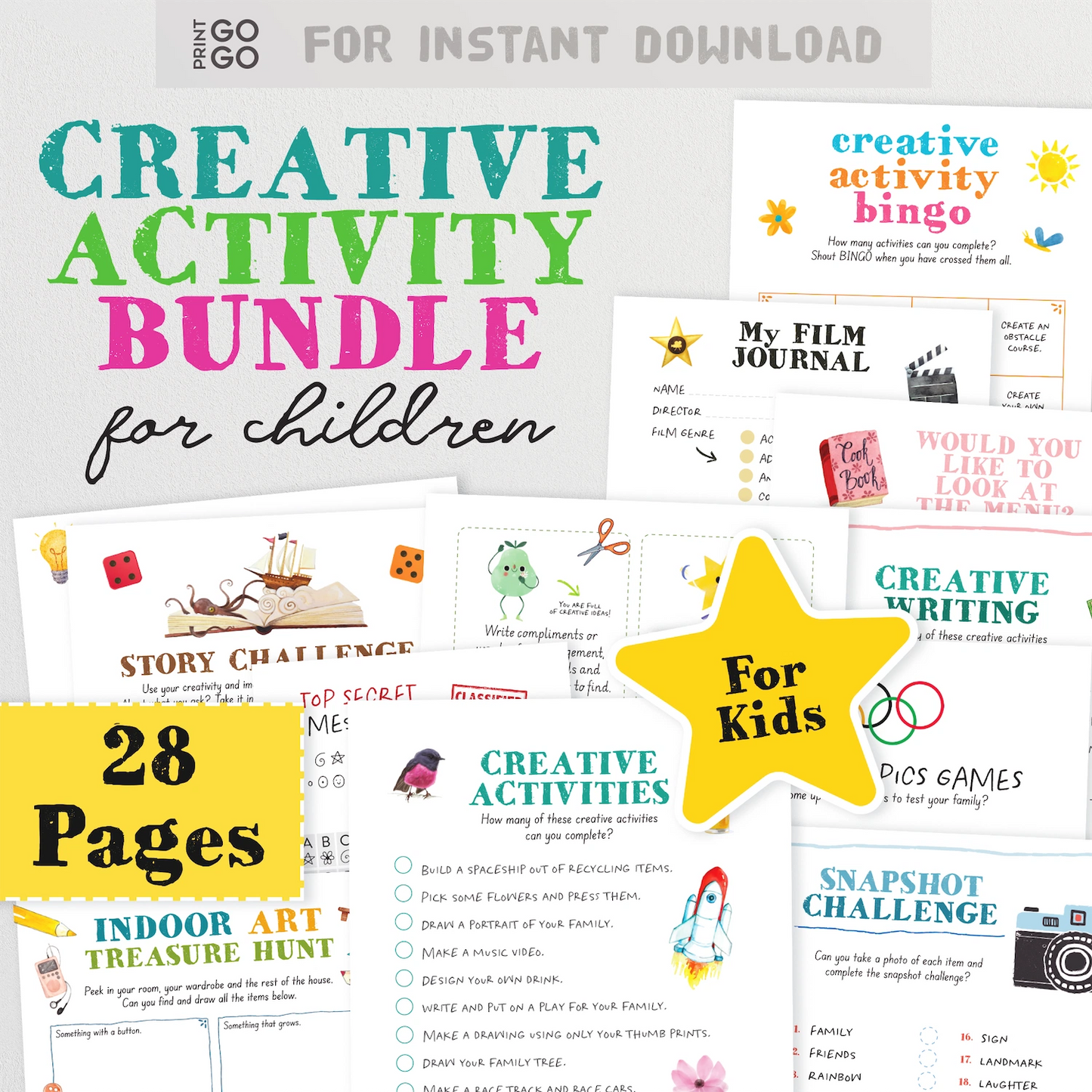 Promotional graphic for a Creative Activity Bundle for children with various activities on a white background.