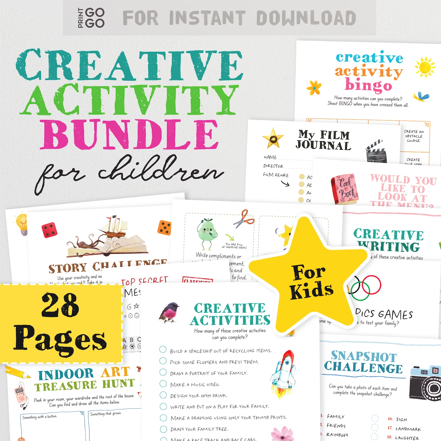 Promotional graphic for a Creative Activity Bundle for children with various activities on a white background.
