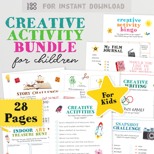 Promotional graphic for a Creative Activity Bundle for children with various activities on a white background.