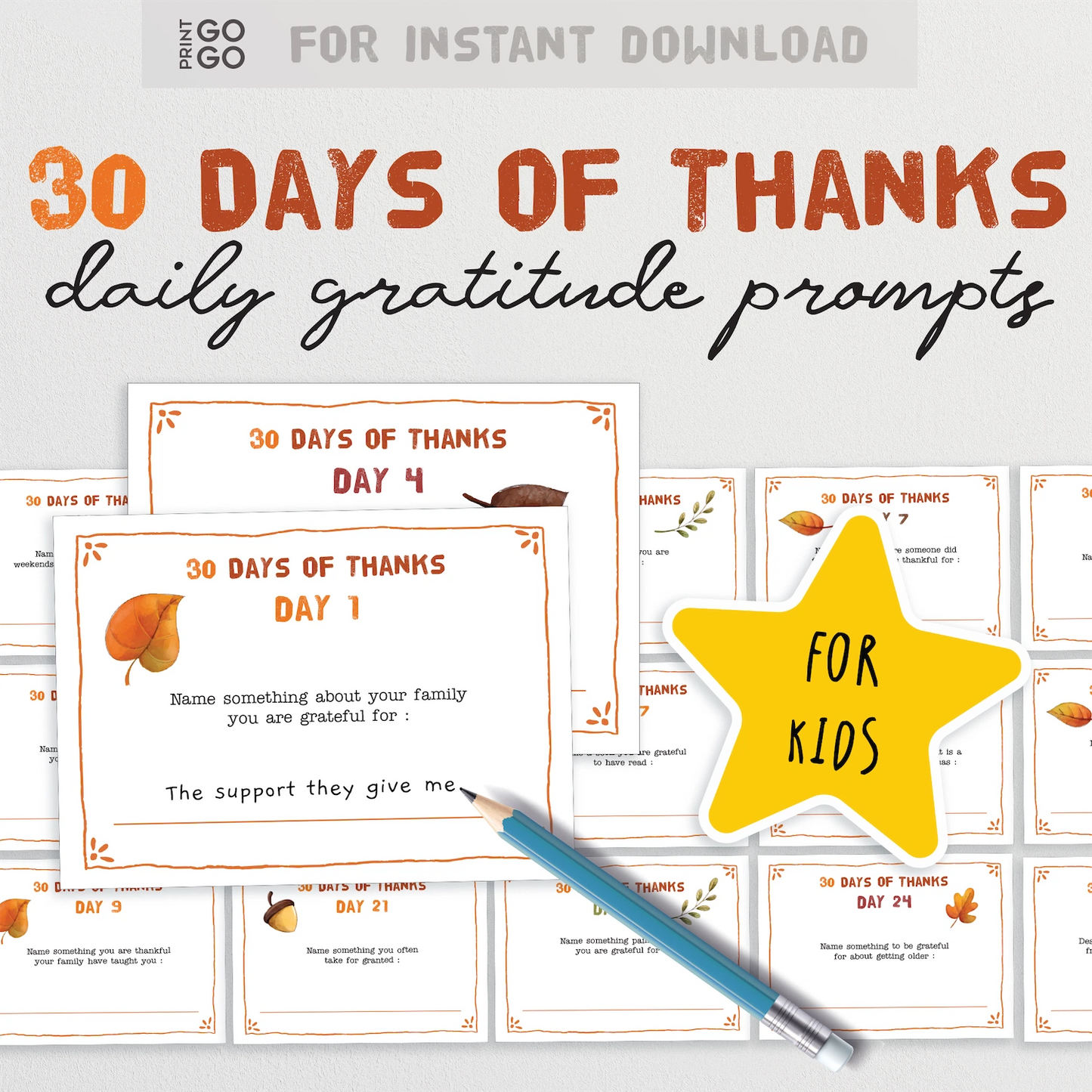 Printable 30 Days of Thanks daily gratitude prompts for kids.