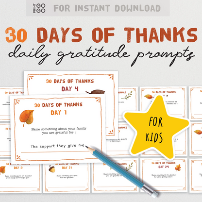 Printable 30 Days of Thanks daily gratitude prompts for kids.