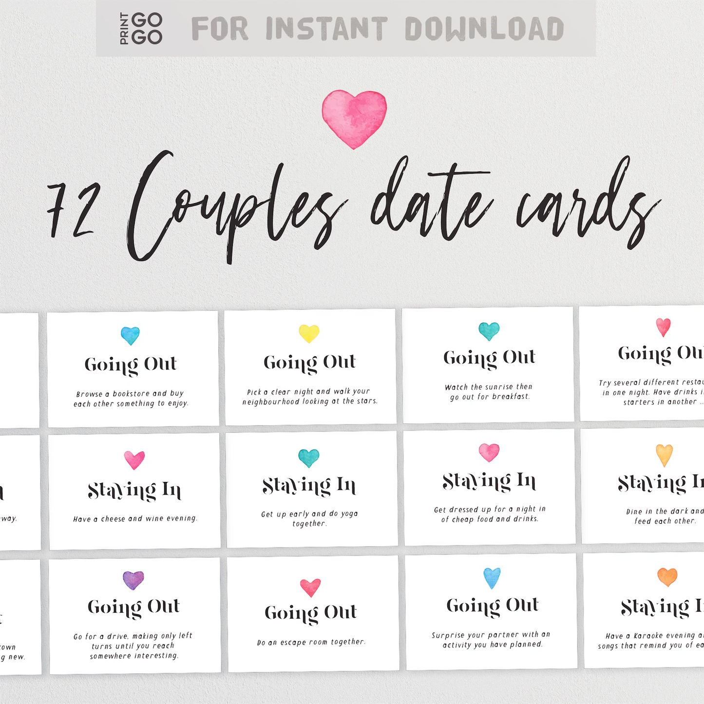 72 Couples date cards with different activities and a pink heart icon on a white background.