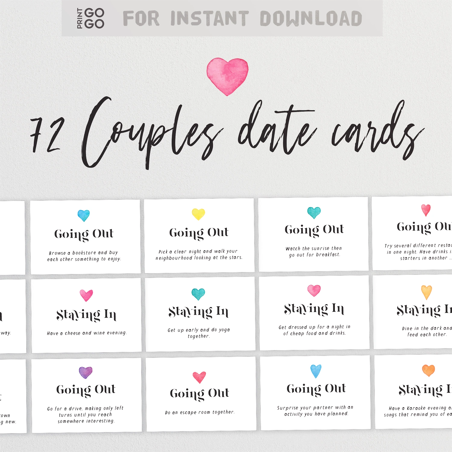 72 Couples date cards with different activities and a pink heart icon on a white background.